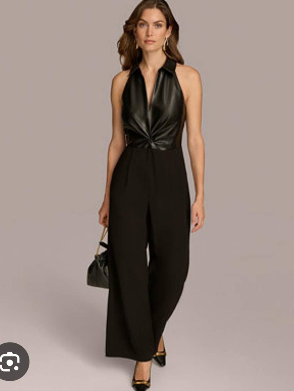 Donna Karan New York Black Faux Leather Wide Leg Jumpsuit Sz 2 Halter Sleeveless